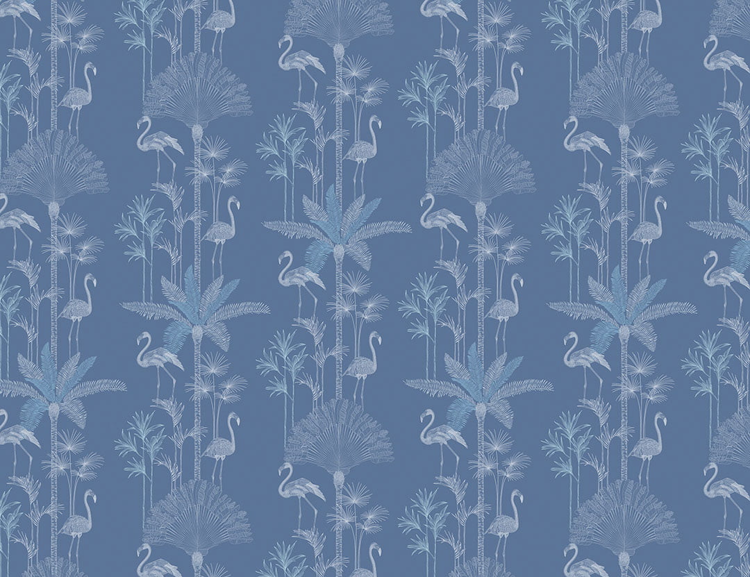 Patterned tropical wallpaper with illustrated palm trees and flamingo in navy blue tones