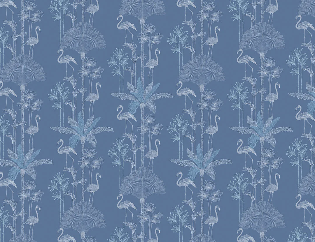 Patterned tropical wallpaper with illustrated palm trees and flamingo in navy blue tones