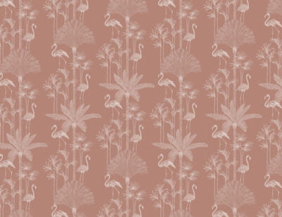 Patterned tropical wallpaper with illustrated palm trees and flamingo in peachy tones