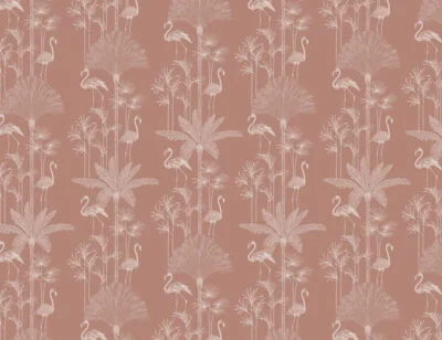 Patterned tropical wallpaper with illustrated palm trees and flamingo in peachy tones