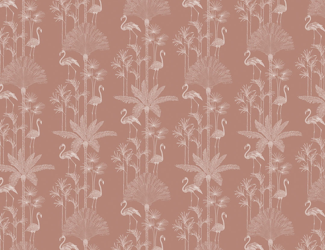 Patterned tropical wallpaper with illustrated palm trees and flamingo in peachy tones