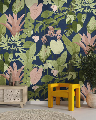 Dark tropical leaves patterned wallpaper for the living room