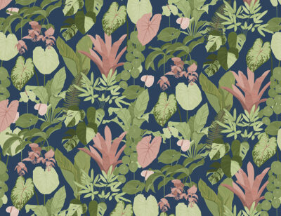 Dark tropical leaves patterned wallpaper on the blue background