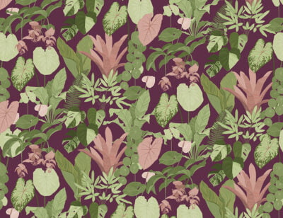 Dark tropical leaves patterned wallpaper on the purple background