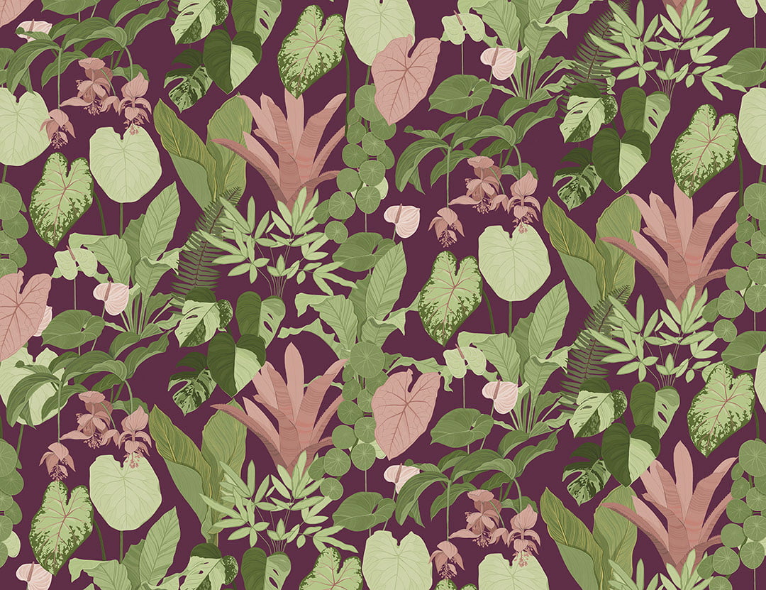 Dark tropical leaves patterned wallpaper on the purple background