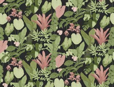 Dark tropical leaves patterned wallpaper on the black background