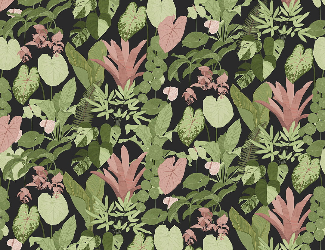 Dark tropical leaves patterned wallpaper on the black background
