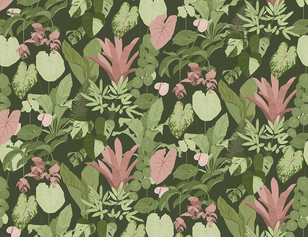 Dark tropical leaves patterned wallpaper on the green background