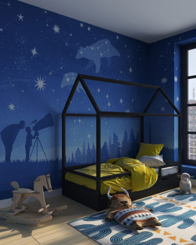 Constellation above the city and a telescope wall mural for a children's room