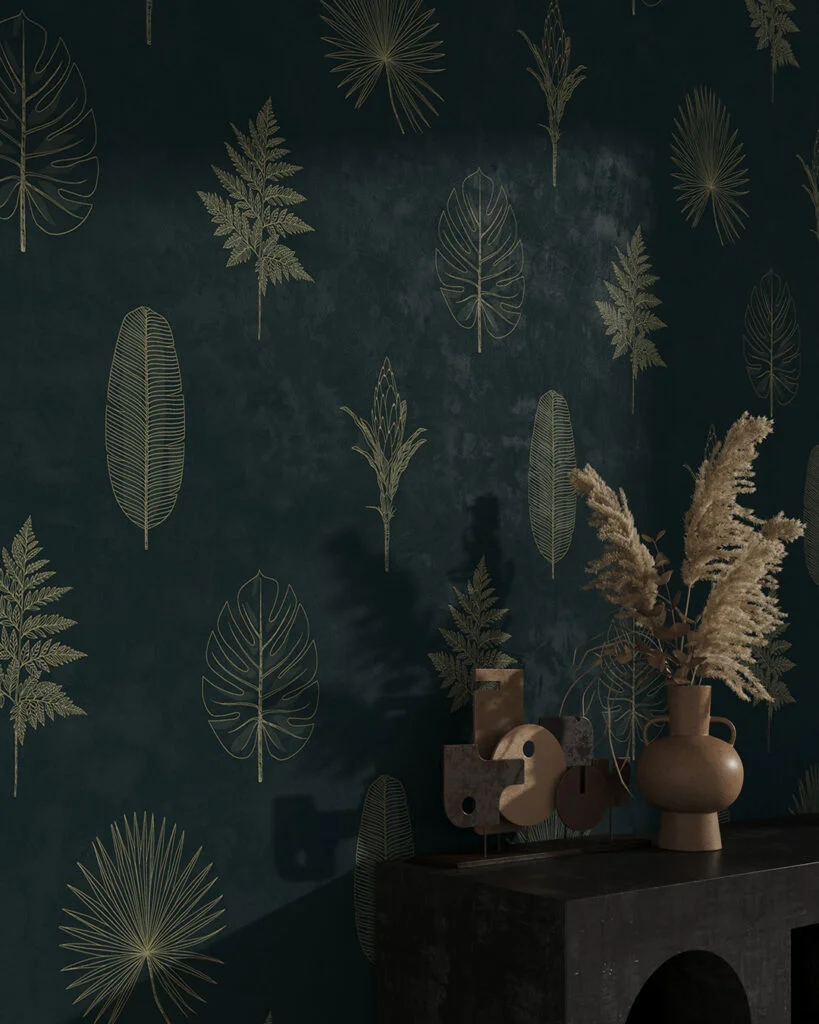 Wall Mural Paloma for the living room - kith2kin.com Wallpaper for the living room with minimalistic hand-drawn outlines of various leaves and plants patterned