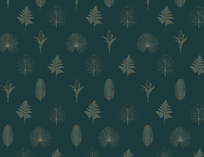 Minimalistic hand-drawn outlines of various leaves and plants patterned wallpaper on the green background