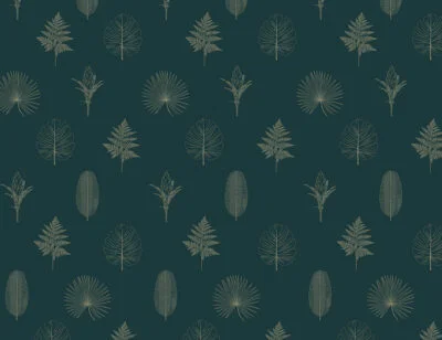 Minimalistic wallpaper with pattern of hand-drawn outlines of various leaves and plants on the green background