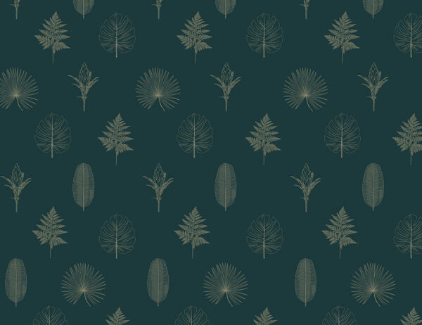 Minimalistic hand-drawn outlines of various leaves and plants patterned wallpaper on the green background