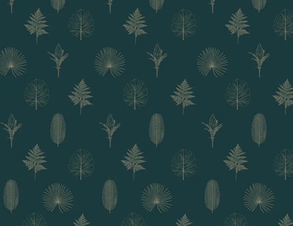 Minimalistic wallpaper with pattern of hand-drawn outlines of various leaves and plants on the green background