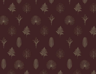 Minimalistic wallpaper with pattern of hand-drawn outlines of various leaves and plants on the red background
