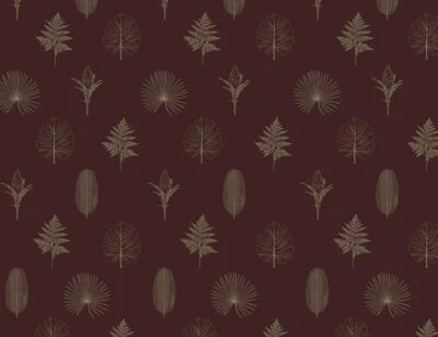 Minimalistic wallpaper with pattern of hand-drawn outlines of various leaves and plants on the red background