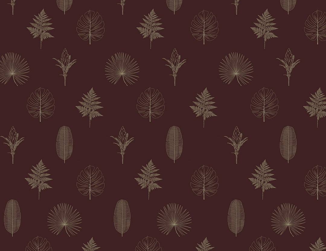Minimalistic wallpaper with pattern of hand-drawn outlines of various leaves and plants on the red background