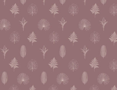 Minimalistic wallpaper with pattern of hand-drawn outlines of various leaves and plants on the pink background