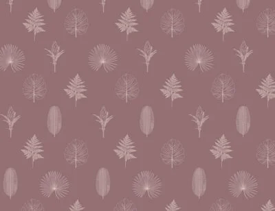 Minimalistic wallpaper with pattern of hand-drawn outlines of various leaves and plants on the pink background