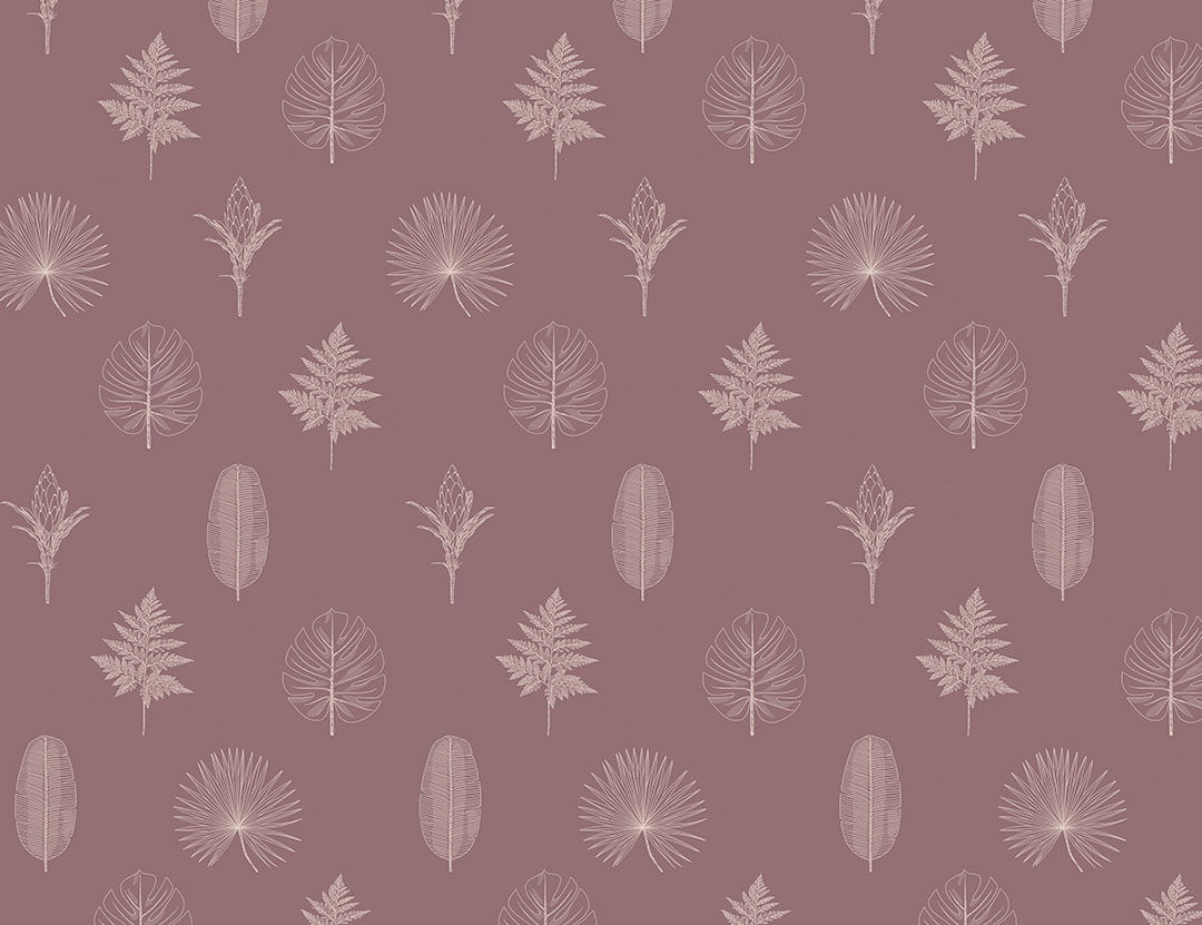 Minimalistic wallpaper with pattern of hand-drawn outlines of various leaves and plants on the pink background