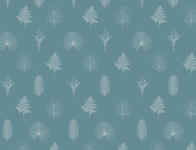 Minimalistic wallpaper with pattern of hand-drawn outlines of various leaves and plants on the blue background