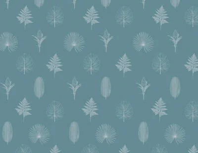 Minimalistic wallpaper with pattern of hand-drawn outlines of various leaves and plants on the blue background