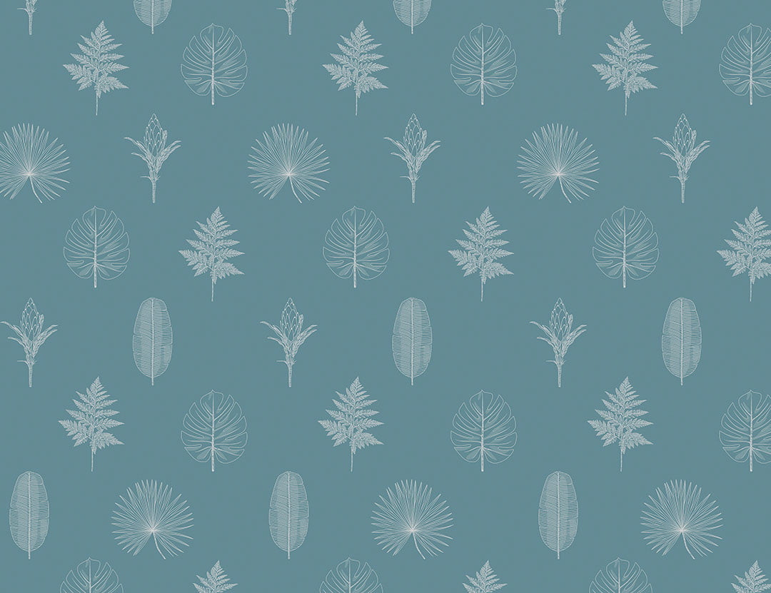 Minimalistic wallpaper with pattern of hand-drawn outlines of various leaves and plants on the blue background