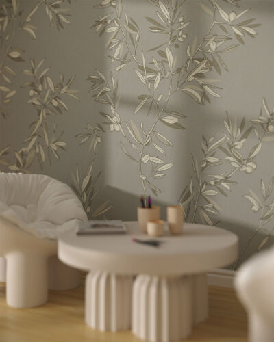 Minimalistic olive tree branches wall mural for a children's room