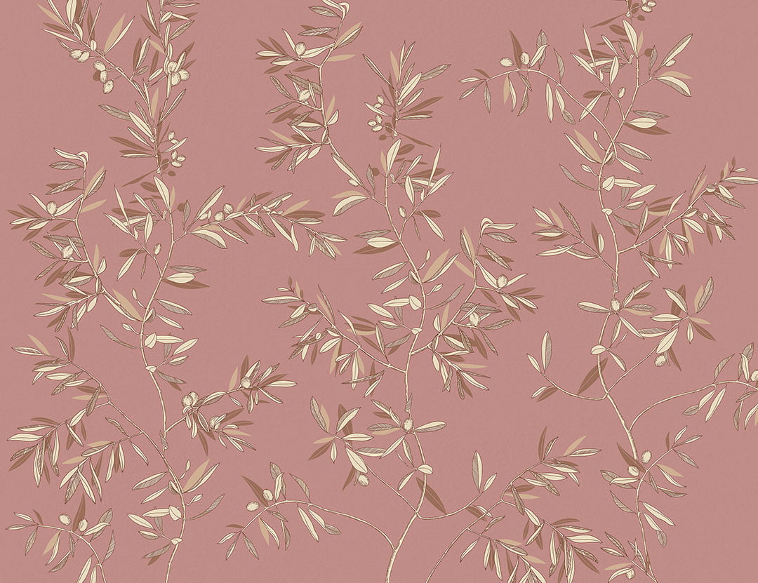 Minimalistic olive tree branches wall mural on the pink background