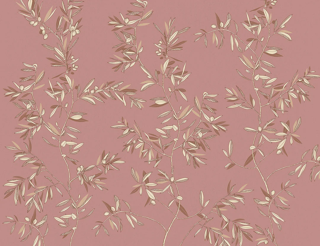 Minimalistic olive tree branches wall mural on the pink background