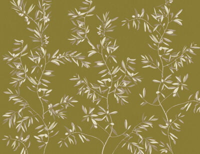 Minimalistic olive tree branches wall mural on the khaki background