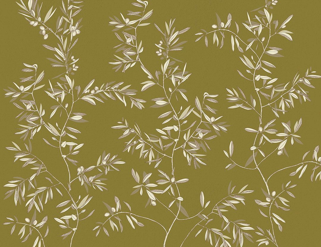 Minimalistic olive tree branches wall mural on the khaki background