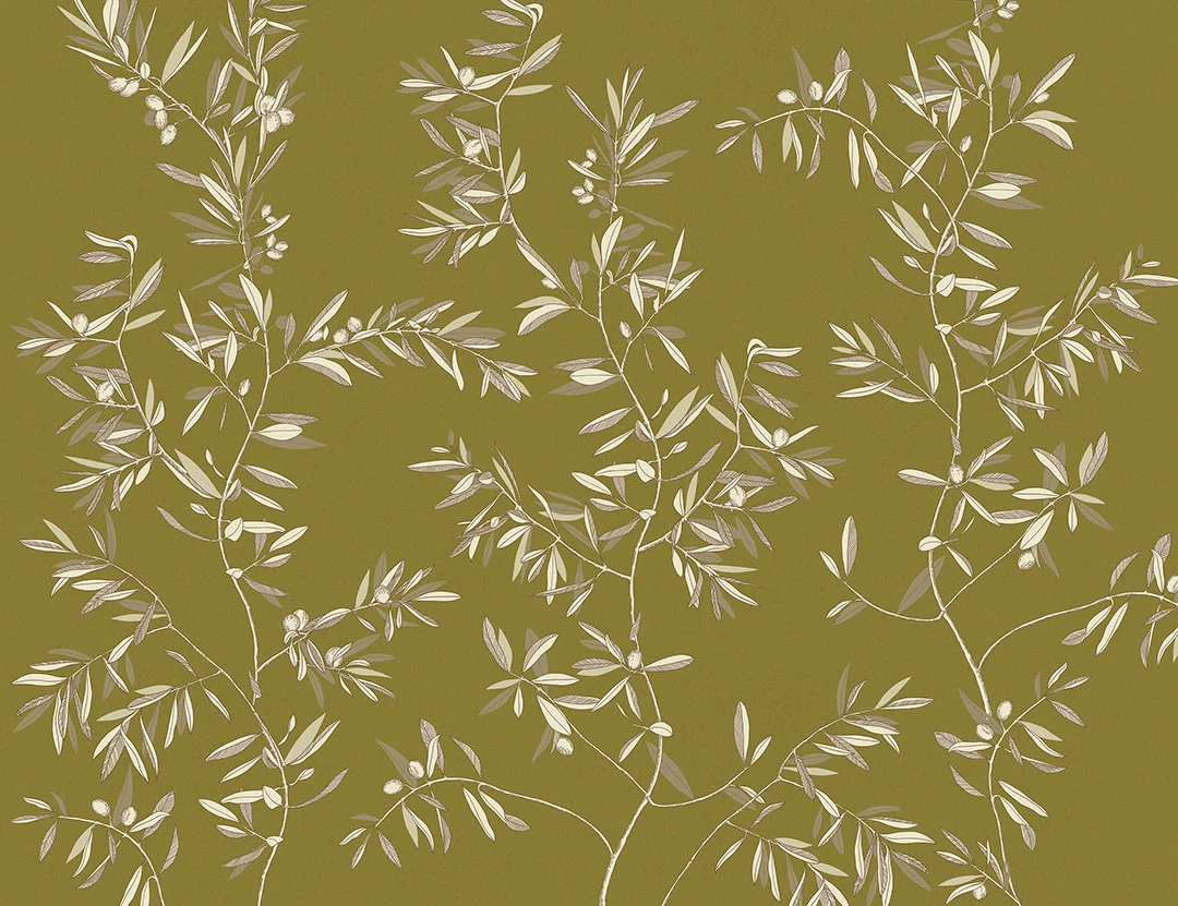 Minimalistic olive tree branches wall mural on the khaki background