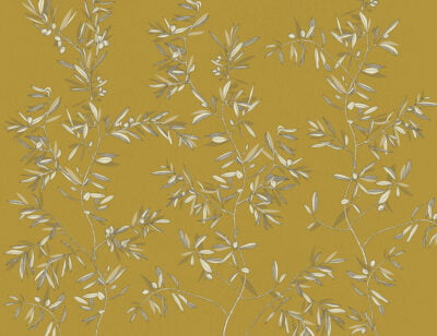 Minimalistic olive tree branches wall mural on the mustard background