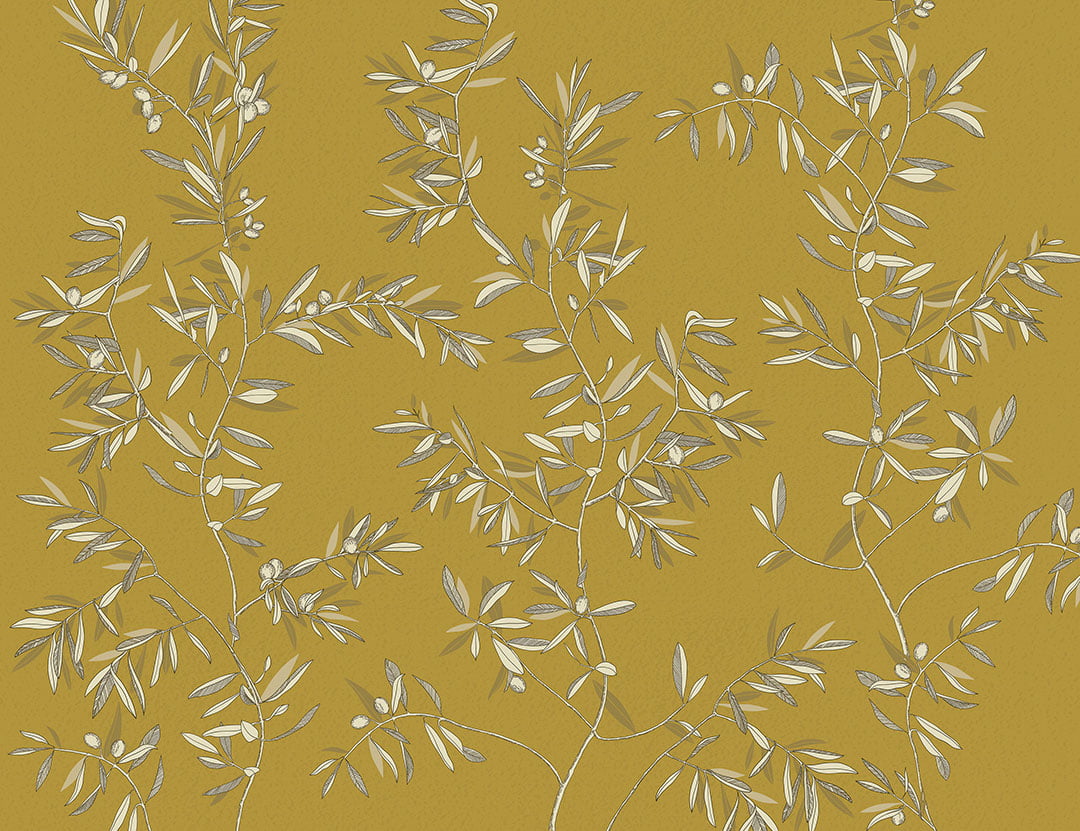Minimalistic olive tree branches wall mural on the mustard background