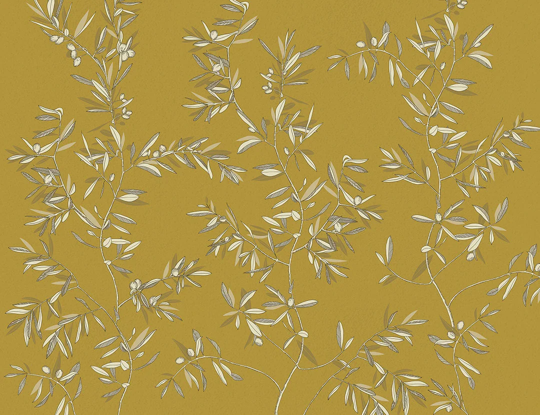 Minimalistic olive tree branches wall mural on the mustard background