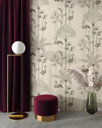 Minimalistic tropical palm trees and flamingo patterned wallpaper for the living room