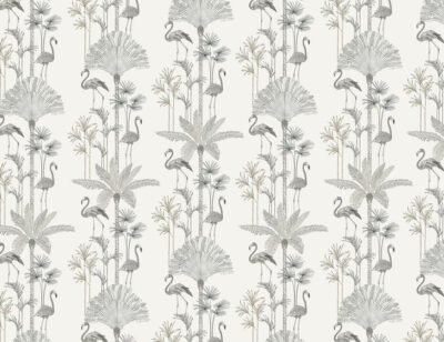 Minimalistic tropical palm trees and flamingo patterned wallpaper
