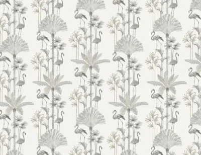 Minimalistic tropical palm trees and flamingo patterned wallpaper