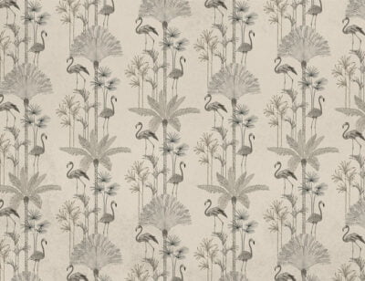 Minimalistic tropical palm trees and flamingo patterned wallpaper in black and white