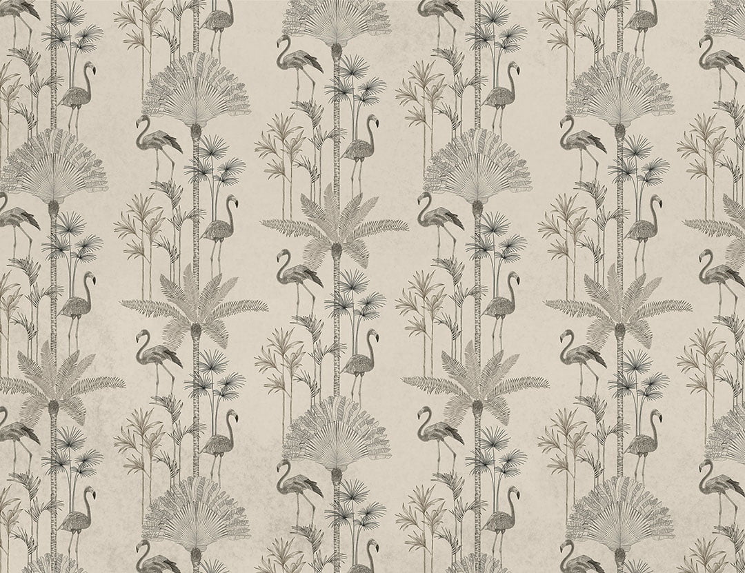 Minimalistic tropical palm trees and flamingo patterned wallpaper in black and white