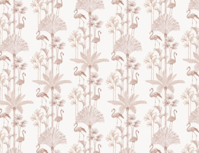 Minimalistic red tropical patterned wallpaper with palm trees and flamingo
