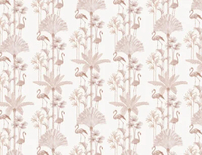 Minimalistic red tropical patterned wallpaper with palm trees and flamingo