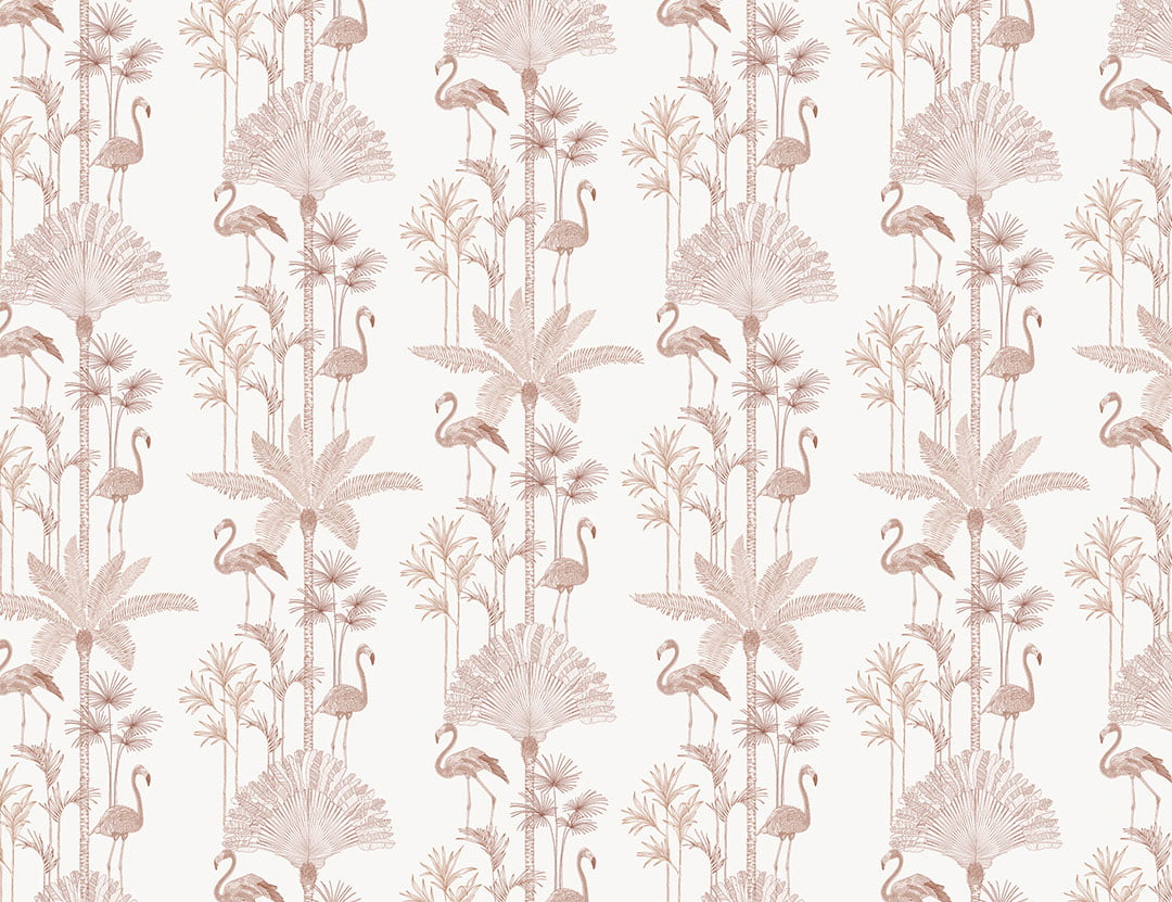 Minimalistic red tropical patterned wallpaper with palm trees and flamingo