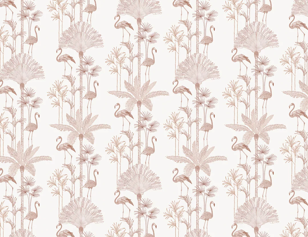 Minimalistic red tropical patterned wallpaper with palm trees and flamingo