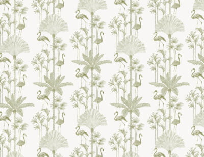 Minimalistic green tropical patterned wallpaper with palm trees and flamingo