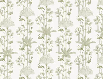 Minimalistic green tropical patterned wallpaper with palm trees and flamingo