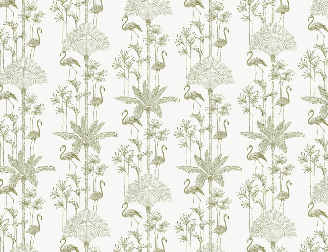 Minimalistic green tropical patterned wallpaper with palm trees and flamingo