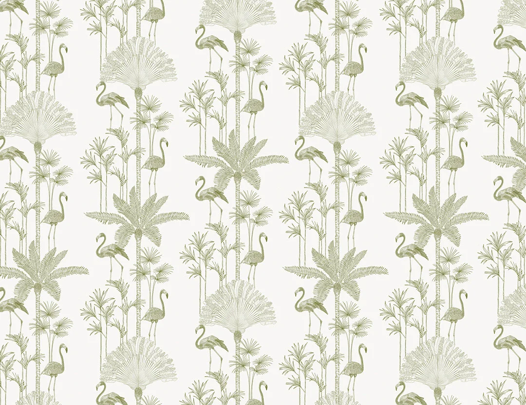Minimalistic green tropical patterned wallpaper with palm trees and flamingo