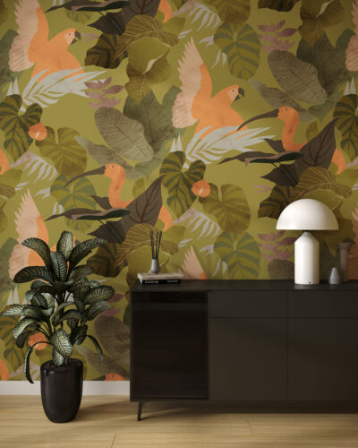 Tropical leaves and colorful parrots wall mural for the living room